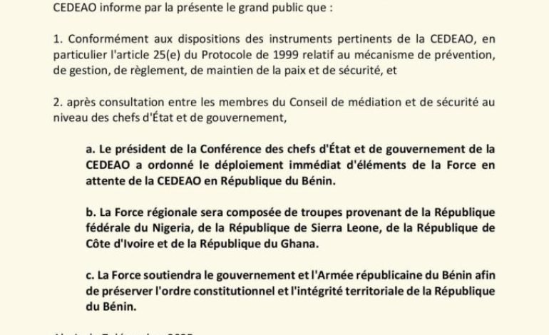  La CEDEAO annonce le déploiement d’une force régionale au Bénin pour soutenir l’ordre constitutionnel