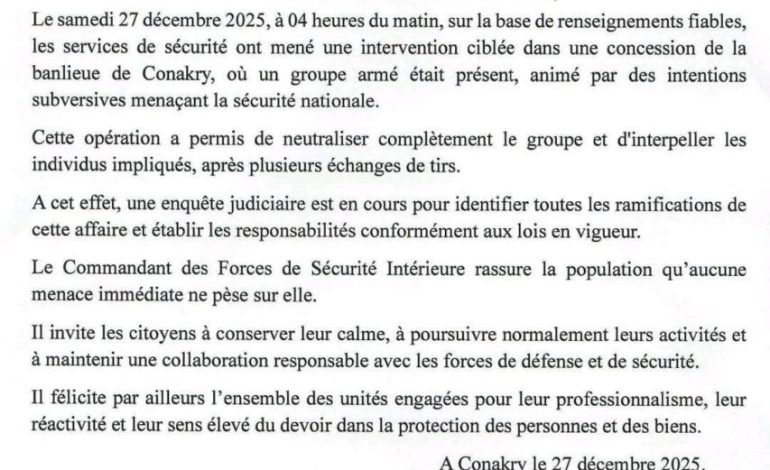  Sécurité intérieure : intervention réussie des forces guinéennes dans la banlieue de Conakry