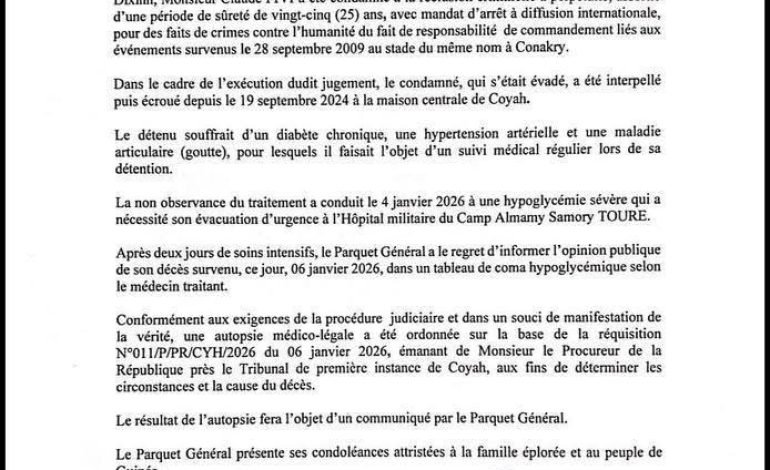  Décès de Claude Pivi : le Parquet général de Conakry fait toute la lumière