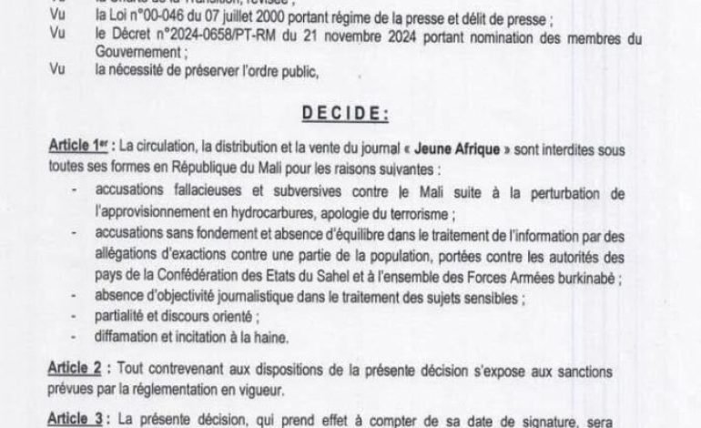  Coup de tonnerre à Bamako : Jeune Afrique banni du Mali