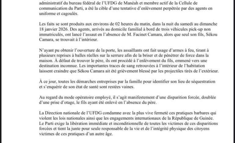  Tentative d’enlèvement en Guinée : l’UFDG dénonce une disparition forcée et alerte l’opinion