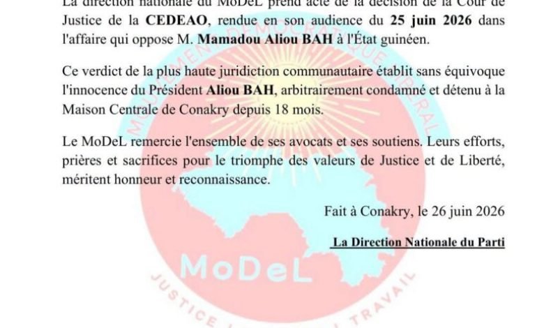 Guinea : Le MoDel du président Aliou Bah réagît sur le communiqué de la CEDEAO