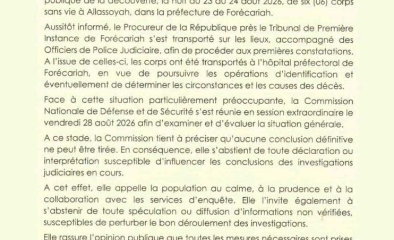 Guinée:Un communiqué important sur l’identité des six corps retrouvés à Forekariah .